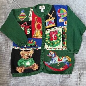 Tiara International Vintage Christmas Cardigan Green Teddy Bear Rocking Horse 20